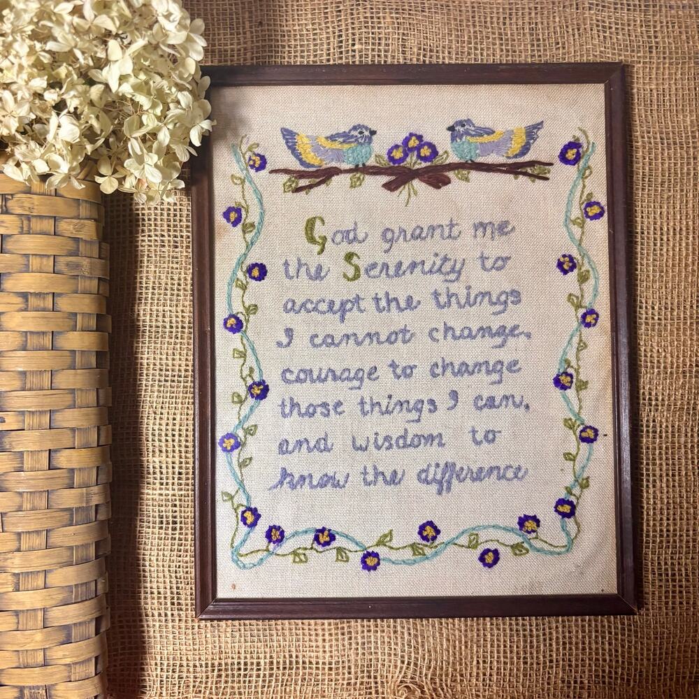 Vintage Framed Serenity Prayer Embroidery 1948 Dated Bluebird Needlepoint Art